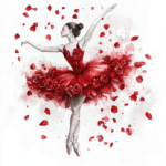An enchanting ballerina twirling in a vibrant red dress with a soft glow illuminating her joyful expression
