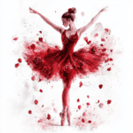 A charming ballerina sitting gracefully on a stage with her red ballet shoes prominently displayed emphasizing her passion for dance