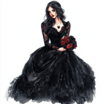 An elegant figure draped in a deep crimson cape holds a black rose symbolizing gothic romance
