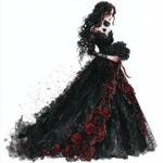 A gothic lady dressed in a flowing black gown with intricate lace details stands against a dark forest backdrop