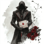 A romantic scene featuring a lady in a vintage black dress holding a heart-shaped locket with intricate designs