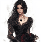 An enchanting figure with a delicate lace mask and a flowing gown stands amidst dark roses and thorns