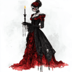 A hauntingly beautiful lady adorned with silver jewelry poses gracefully in a dimly lit candlelit room