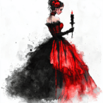 A mysterious woman with striking red hair wearing a black corset gazes thoughtfully into the distance