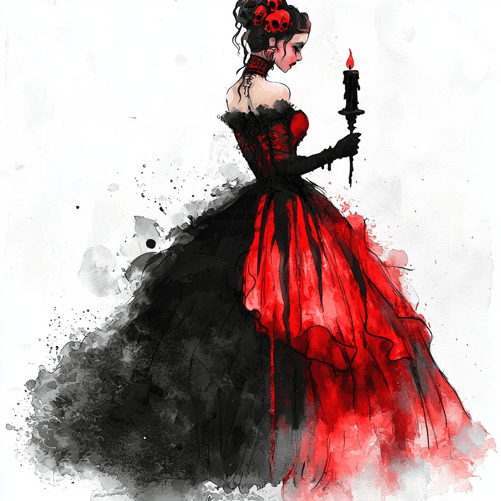 A mysterious woman with striking red hair wearing a black corset gazes thoughtfully into the distance