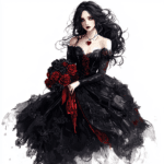A captivating woman in a black and red dress dances under a full moon surrounded by swirling mist