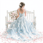An enchanting image of a bride seated on a bench surrounded by vibrant pink blossoms and lush greenery