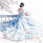A beautiful bride with flowing hair and a gown embellished with soft floral details against a sunset backdrop