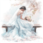 A romantic scene featuring a bride twirling in a gown decorated with intricate floral patterns