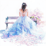 A delicate watercolor illustration of a bride with a floral crown surrounded by soft pink cherry blossoms