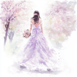 An elegant bride holding a bouquet of cherry blossoms with a dreamy pastel background