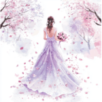 A serene portrait of a bride gazing lovingly at blooming cherry blossoms in a tranquil setting
