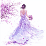 A charming watercolor depiction of a bride walking through a path lined with cherry blossom trees