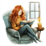 A tranquil scene of a young woman surrounded by cushions and a glowing lamp while reading