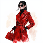 A confident model in a bright red blazer and matching pants strikes a dynamic pose with a trendy handbag