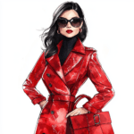 A chic fashionista twirls in a vibrant red outfit showcasing her elegant silhouette and playful attitude