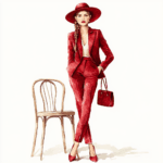 An elegant figure wearing a sleek red gown stands poised with her hands on her hips exuding sophistication and grace