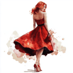 An artistic representation of a woman in a vibrant red dress captures her beauty and confidence in a striking pose
