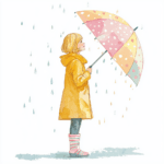 A sweet girl wearing a flower crown holds a patterned umbrella under a cloudy sky
