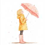 A lovely girl with a heart-patterned umbrella gazes up at falling cherry blossoms