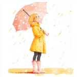 A cheerful girl with a rainbow umbrella skips down a path lined with colorful trees