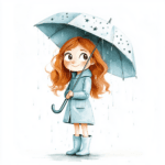 A whimsical girl with a polka dot umbrella dances in the rain surrounded by colorful raindrops
