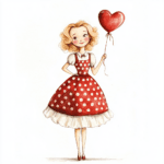 A cute girl illustration showcases her wearing a whimsical dress while surrounded by floating hearts and flowers