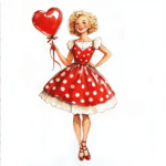 A playful scene depicts a girl in a polka-dot dress skipping happily while holding a large red heart