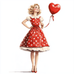 The charming vintage clipart captures a girl dancing with her heart-shaped balloon in a dreamy landscape