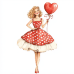 The vintage girl art features vibrant colors with a lovely heart balloon adding a touch of romance