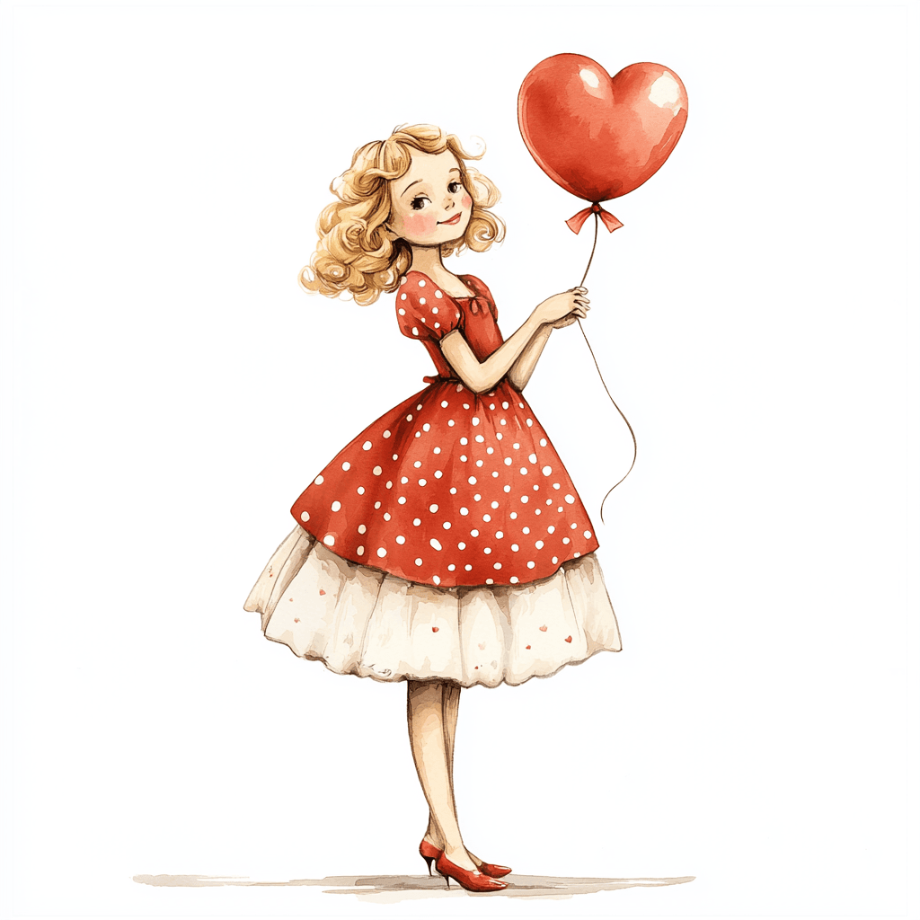 A charming illustration of a young girl with bright red hair wearing a playful polka-dot dress and smiling widely