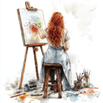 Soft pastel colors dominate the scene creating a serene atmosphere around the artist's workspace
