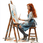 A collection of framed artworks hangs on the wall showcasing the artist's diverse talent and style