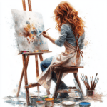 The artist is captured mid-stroke with a brush in hand and a joyful expression on her face