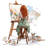 The artist stands beside a large easel surrounded by splashes of paint that add a playful touch to the scene