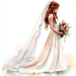 A charming illustration captures a bride seated on a vintage chair with pastel floral arrangements around her