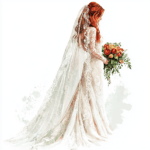 An enchanting bridal illustration features a bride surrounded by cascading floral garlands and soft pastel colors