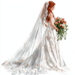 A beautiful bride stands confidently in a garden wearing a classic wedding dress with a long train