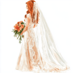 A stunning watercolor illustration features a bride twirling in a flowing gown adorned with intricate lace details