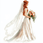 An elegant bride with a soft veil poses in a serene outdoor setting surrounded by delicate flowers