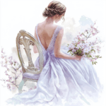 A beautiful bride sitting gracefully with a dreamy expression surrounded by soft blue and pink florals