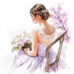 A lovely bride standing amidst delicate floral arrangements featuring lavender and cream blooms