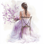 A serene watercolor illustration of a woman elegantly holding a bouquet of wildflowers in pastel shades