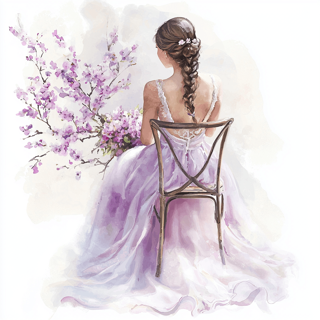 A serene watercolor illustration of a woman elegantly holding a bouquet of wildflowers in pastel shades