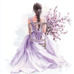 A charming depiction of a bride gazing thoughtfully with a floral crown of peonies and eucalyptus
