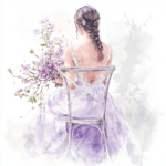 A stunning watercolor image of a bride with flowing hair embellished with tiny white daisies