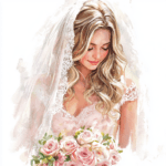 A romantic wedding scene featuring a bride with a flowing white gown and vibrant floral arrangement