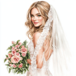 An elegant wedding invitation design featuring a bride and her colorful floral bouquet