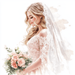A charming depiction of a bride smiling while holding her pink and peach flowers