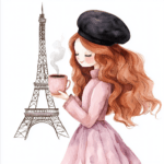 A lovely scene of a woman painting the Eiffel Tower with a soft color palette of pink and lavender